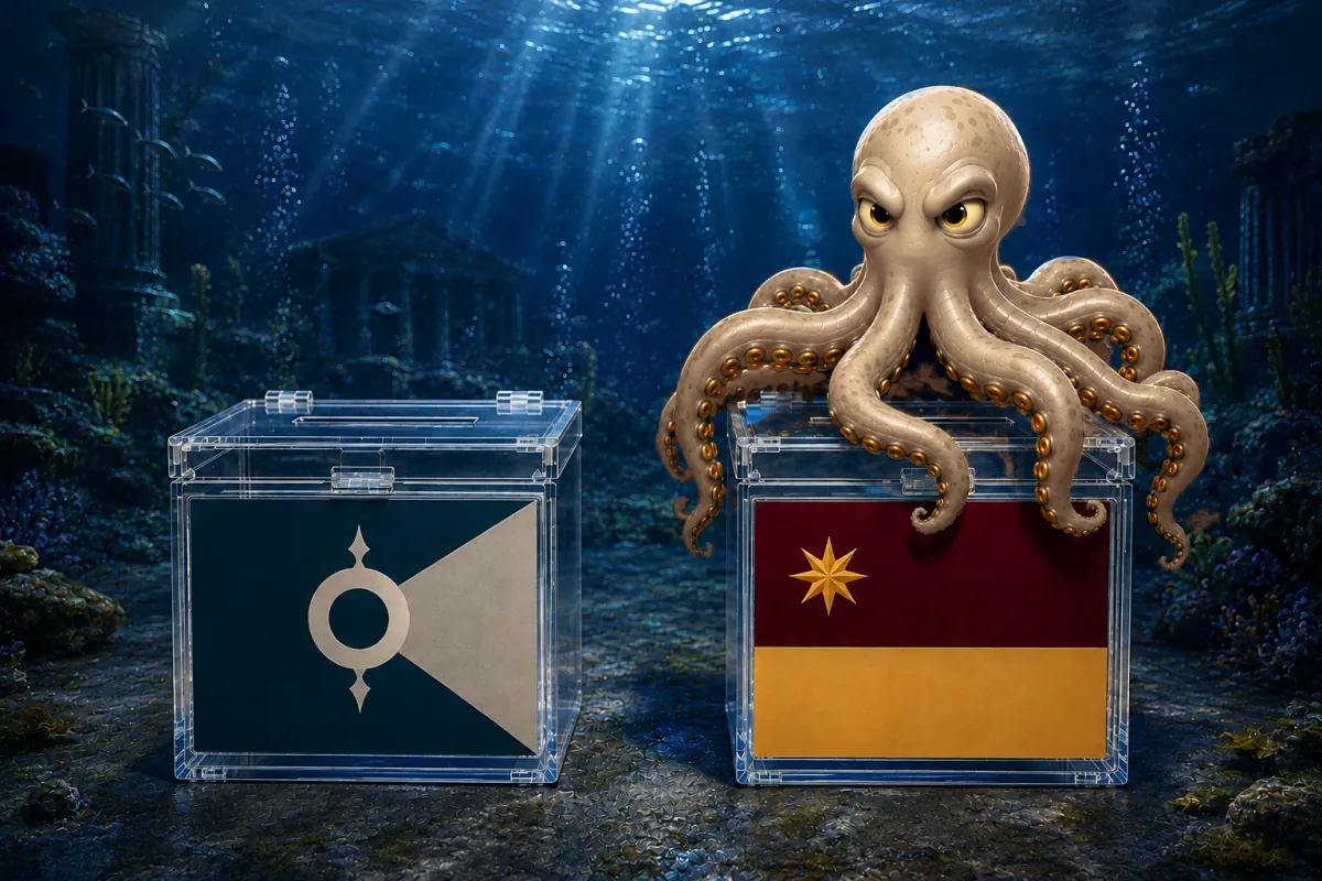Ilustração do polvo Paul pousado em uma de duas caixas transparentes, cada uma com uma bandeira, no fundo do mar